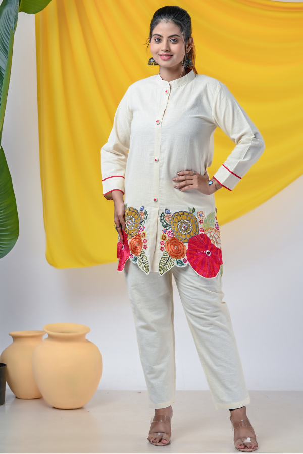 Lado's Ethinic Flower Printed White Suit for Women