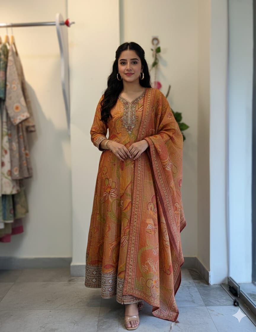 Ladocreations-Crushed Tissue Anarkali Three Piece Set-7840